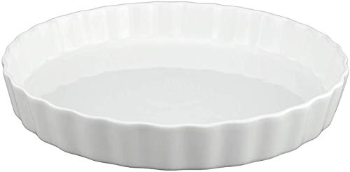 GOURMEX White, Round, Fluted Quiche Baking Dish | Ceramic Nonstick Pan | Perfect for Baking Tart Pies, Creme Brulee, Custard Dishes and Cheesecake | Porcelain 10 Inch Pan (10' Round)