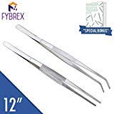 2 Pcs Straight and Curved Tip Tweezers 12 Inch, Stainless Steel Precision Tweezers Set with Serrated Tips Comfortable Ridged Handle, Tweezer Tongs for Cooking Repairing with Essential Tweezer Ebook