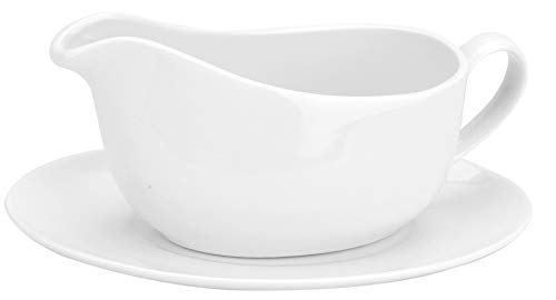 Yesland 17 Oz Gravy Boat and Tray, Ceramic White Gravy Sauce Boat with Saucer Stand for Dining, Holiday Meals & Parties