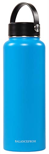 BalanceFrom Double-Wall Vacuum Insulated Stainless Steel Water Bottle, 3 Caps Included, Wide Mouth and Standard Mouth, Multiple Colors and Sizes, Pacific