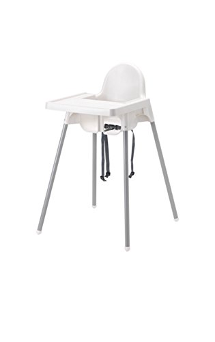 Ikea's ANTILOP Highchair with safety belt, white, silver color and ANTILOP Highchair tray, white