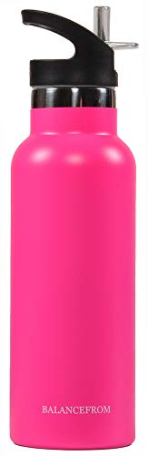 BalanceFrom Double-Wall Vacuum Insulated Stainless Steel Water Bottle, 3 Caps Included, Wide Mouth and Standard Mouth, Multiple Colors and Sizes, Fuchsia