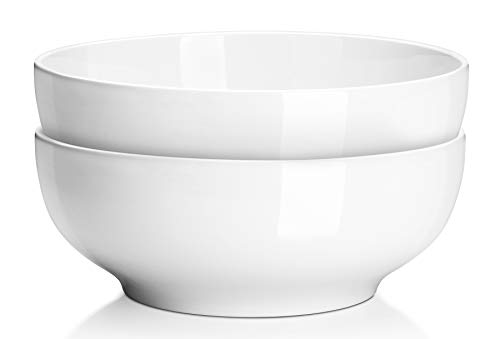 DOWAN 9.5' Large Serving Bowls, 2.8 Quart Big Salad Bowls, Porcelain Pasta Bowl Set, Sturdy Mixing Bowls, Microwave & Dishwasher Safe, Deep Soup Bowl for Family Kitchen, White Bowls, Set of 2