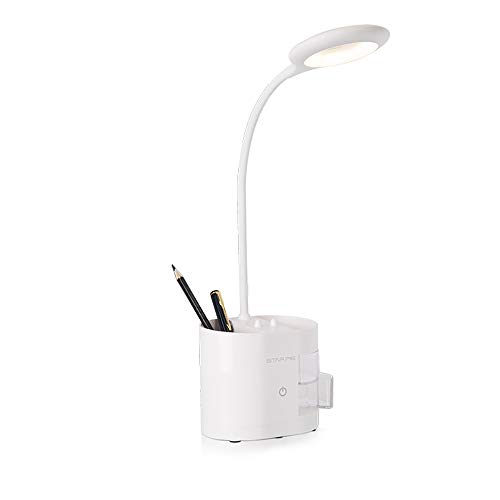 LED Desk Lamp with USB Charging Port for Study, Dimmable Table Lamp with Pen & Moblie Phone Holder, Storage Case, Adjustable Gooseneck (White)