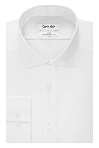 Calvin Klein Men's Dress Shirt Slim Fit Non Iron Herringbone Spread Collar, White, 16.5' Neck 34'-35' Sleeve (Large)