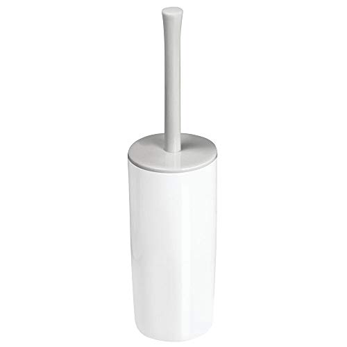 mDesign Slim Compact Plastic Toilet Bowl Brush and Holder for Bathroom Storage - Sturdy, Deep Cleaning - White/Light Gray