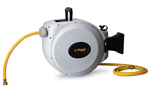 Power Retractable Hose Reel 50 ft + 6 ft x 5/8' - Brass Fittings, Super Heavy Duty, Slow Return System, 350 PSI Burst Strength, 3 Layer Hybrid Hose - Wall Mounted Water Hose Reel (Standard)