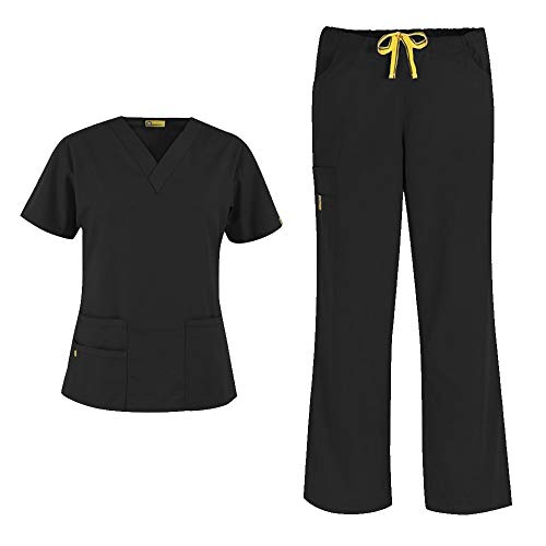 WonderWink Origins Women's 6016 Bravo Top & 5026 Romeo Pant Medical Uniform Scrub Set (Black - Medium)