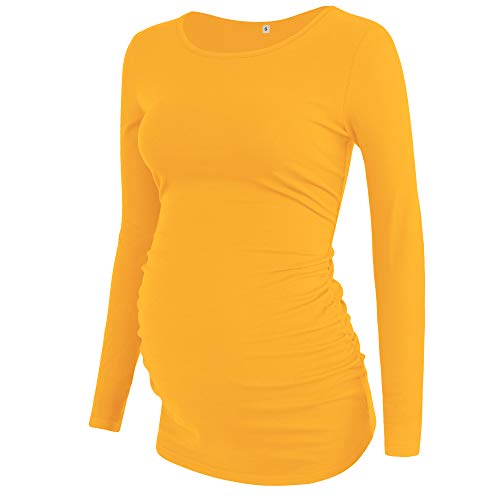 GLAMIX Women's Maternity T-Shirt Side Ruched Scoop Neck Long Sleeve Basic Pregnancy Tops (06 Yellow, S)