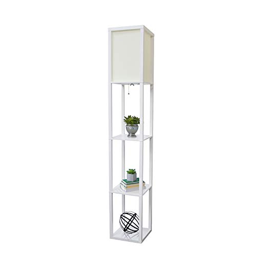 Simple Designs Home LF1014-WHT Etagere Organizer Storage Shelf Linen Shade Floor Lamp, White