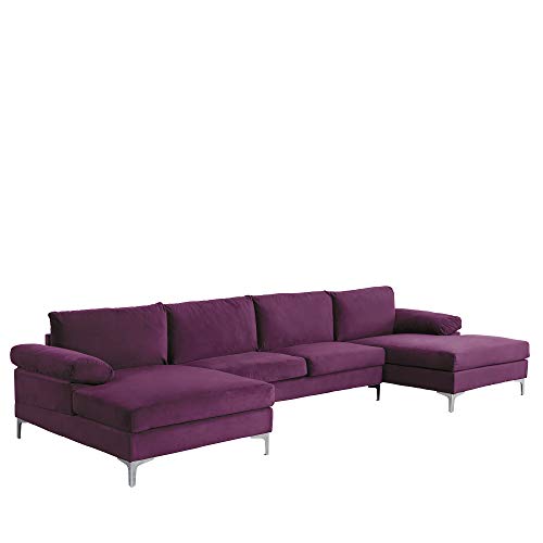 Casa AndreaMilano Modern Large Velvet Fabric U-Shape Sectional Sofa, Double Extra Wide Chaise Lounge Couch, Plum