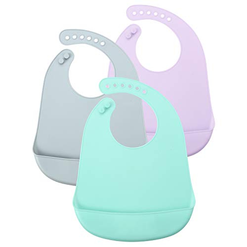 PandaEar Set of 3 Colors Cute Super Thin Light Weight Silicone Baby Bibs for Babies & Toddlers (10-72 Months) Waterproof, Soft, Unisex, Non Messy (Blue/Purple/Grey)