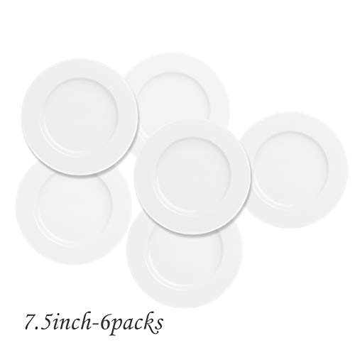 Salad Dessert Plate 7.5inch White Porcelain Dinner Set of 6 with Round Flat Design
