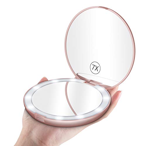 Benbilry LED Lighted Travel Makeup Mirror, 1x/7x Magnification, 5 Inch Dual Sided Vanity Mirror with Lights Portable Compact Illuminated Cosmetic Mirror – Perfect for Handbag (Rose Gold)