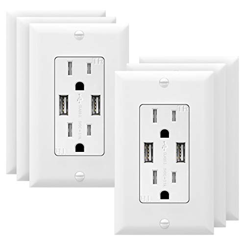 TOPGREENER 3.1A USB Wall Outlet Charger, 15A Tamper-Resistant Receptacles, Compatible with iPhone SE/11/XS/XR/X/8, Samsung Galaxy S20/S10/S9/Note, LG, HTC & More, UL Listed, TU2153A, White 6 Pack