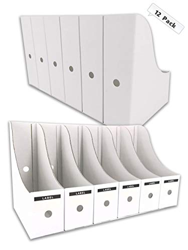 HUAPRINT Magazine File Holder(12 Pack,White)-Folder Holder,Desk File Organizer,Document Holder Box,Magazine Storage Box,With Labels