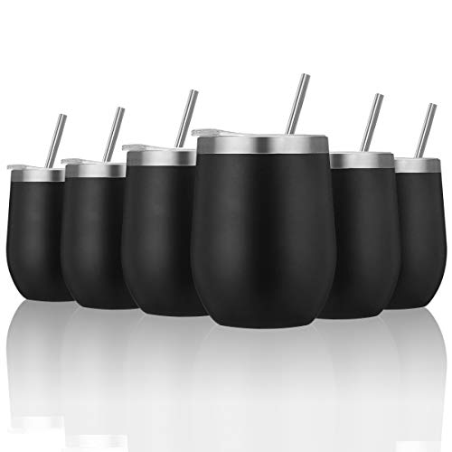 6 Pack Stainless Steel Stemless Insulated Wine Glass Tumbler Cup Gift Set 12Oz Family Double Wall Durable Coffee Mug with Lids,Straws, and Brushes(Black)