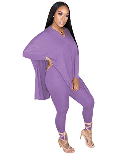 Two Piece Outfits for Women Fall - Tracksuit Casaul Long Sleeve Solid T-Shirt Tops Skinny Long Pants Set Purple L
