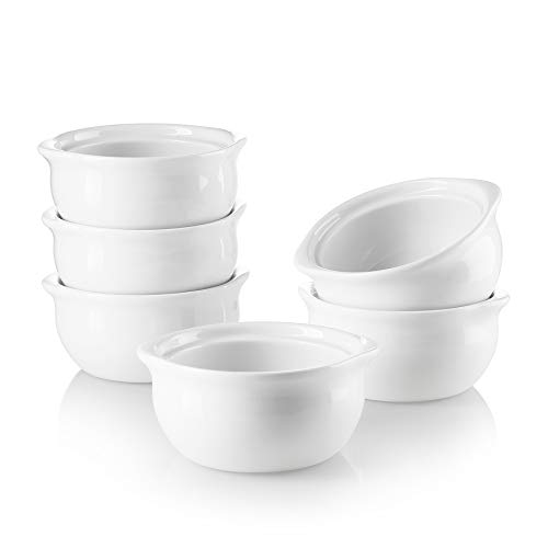 Sweese 114.001 Porcelain French Onion Soup Crocks Bowls - 10 Ounce Top to the Rim for Soup, Stew, Chill, Set of 6, White