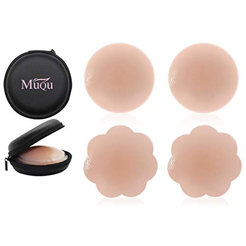MUQU Womens Silicone Pasties, Breast Bra Reusable 2 Pairs Invisible Silicone Nipple Cover for Dress Pink
