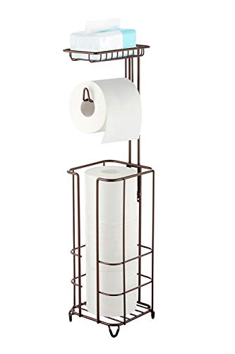 zccz Toilet Paper Holder Stand, Free Standing Bathroom Toilet Tissue Holder Stand Toilet Roll Holder Stand Toilet Paper Storage Dispenser with Shelf for Cell Phones, Wipe, Wallet and More, Brown