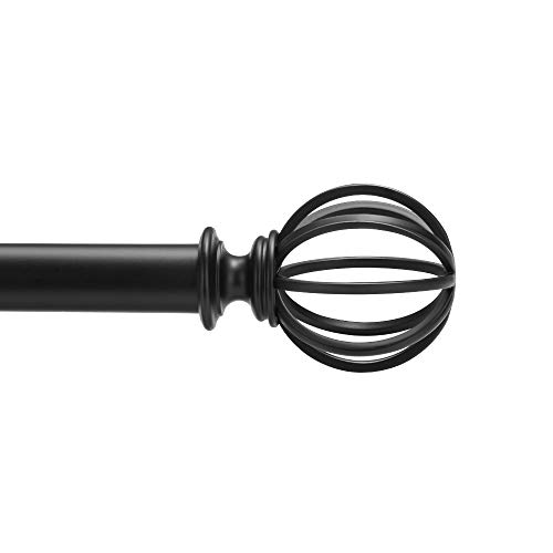 Black Window Curtain Rod 66 to 120 Inches, 1' Large Diameter Single Drapery Rod for Heavy Fabrics, Decorative Metal Cage Finials and Mounting Brackets Included(Matte black,66-120')