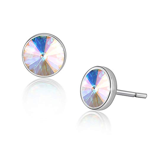 Round Swarovski Crystal Stud Earrings for Women Fashion 925 Sterling Silver Hypoallergenic Jewelry (Aurora Borealis)