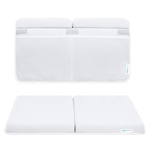 Bath Kneeler and Elbow Rest Pad Set, 1.75 inch Extra Thick Baby Bath Kneeling Pad and Elbow Pad for Bathtub. Bath Tub Elbow Pad with Infant Toy and Baby Accessories Organizer White