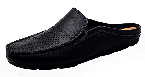 Go Tour Mens Mules Clog Slippers Breathable Leather Slip on Shoes Casual Loafers Black Punched 10.5/46