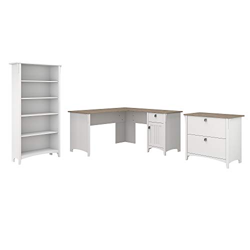Bush Furniture Salinas L Shaped Desk with Lateral File Cabinet and 5 Shelf Bookcase, 60W, Pure White and Shiplap Gray