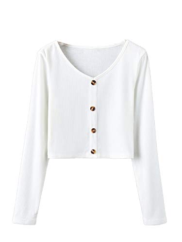 MakeMeChic Women's Solid Rib Knit Crop Top Button Front Long Sleeve Tee T-Shirt White L