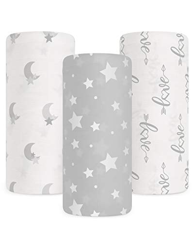 Babebay Baby Muslin Swaddle Blanket, 3-Pack Unisex Bamboo Swaddle Blanket Boys & Girl, Soft Silky Swaddling Blankets Wrap for Newborn Infant, Large 47 x 47 inches, Set of 3 -Moon, Stars and Love