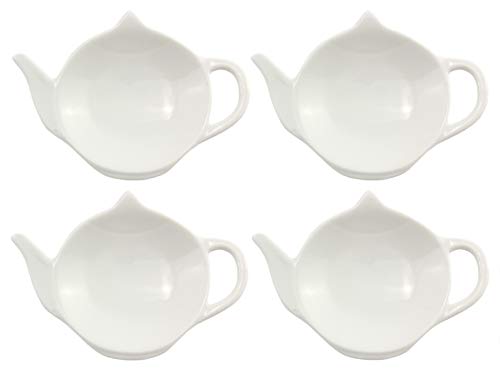 White Ceramic Tea Bag Coasters — Spoon Rests; 4-Pack Classic Teabag Caddy Holder Saucer Set