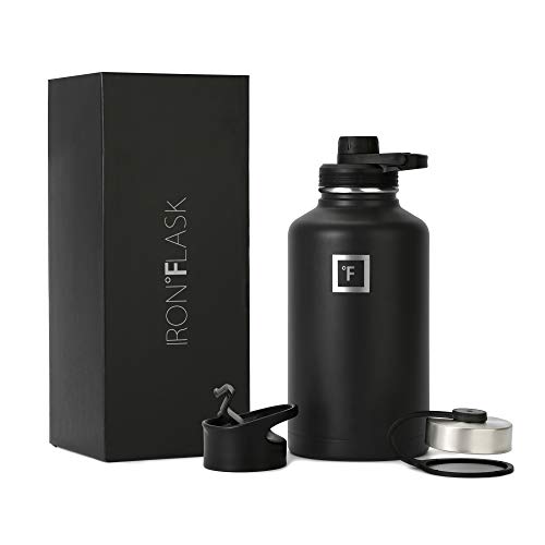 IRON °FLASK Sports Water Bottle - 64 Oz, 3 Lids (Spout Lid), Vacuum Insulated Stainless Steel, Hot Cold, Modern Double Walled, Simple Thermo Mug, Hydro Metal Canteen (Black)