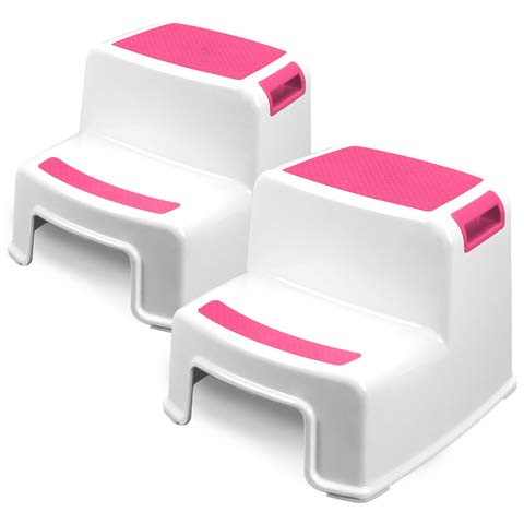 Two Step Kids Step Stools - 2 Pack, Pink - Child, Toddler Safety Steps for Bathroom, Kitchen and Toilet Potty Training - Non Slip Feet, Textured Friction Grip, Carrying Handle, Stackable