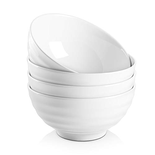 DOWAN 26 Ounces Porcelain Soup Bowls, Cereal Bowls with Non Slip Ripples, 4 Packs, Stackable Round, Dishwasher & Microwave Safe, Easy to Clean Ceramic, White