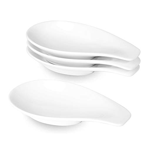 ONTUBE Ceramic Spoon Rests Set of 4, Porcelain Sauce Dish Resting Cooking Spoons Holder Ceramic Towel Plate, 6.5 Inch (White)