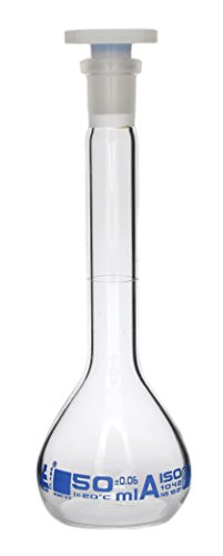 Volumetric Flask, 50ml - Class A - 12/21 Polypropylene Stopper, Borosilicate Glass - Blue Graduation, Tolerance ±0.060 - Eisco Labs
