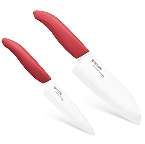 Kyocera Revolution Series 2-Piece Ceramic Knife Set: 5.5-inch Santoku Knife and a 4.5-inch Utility Knife, Red Handles with White Blades