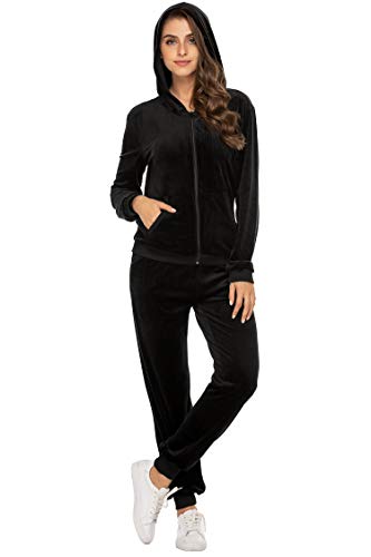 Hotouch Women's Velour Sweatsuit Set Hoodie and Pants Solid Sport Active Jogging Suits Tracksuits Black L