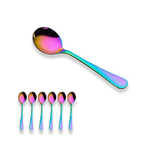 Berglander Rainbow Soup Spoon, 6 Pieces Stainiess Steel Titanium Plating Multicolor Soup Spoons, Colorful Round Spoons, Pack of 6