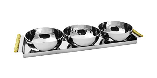 Stainless Steel 3-Bowl Relish Dish and Tray with Gold Handles