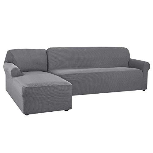 CHUN YI Stretch Sectional Couch Covers Soft L-Shaped Sofa Slipcovers with Elastic Bootm , Jacquard Chaise Lounge Set for Living Room 2 Seat Protector(Left Chaise,Light Gray)