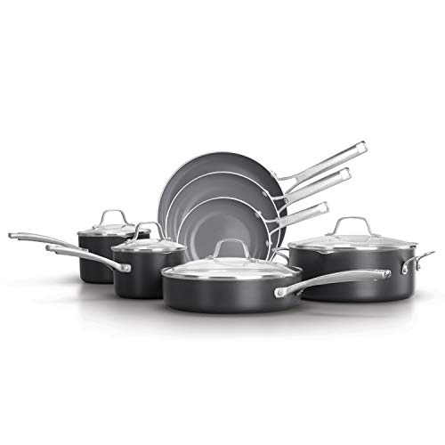 Calphalon Classic Oil-Infused Ceramic PTFE and PFOA Free Cookware, 11-Piece Pots and Pans Set, Dark Gray