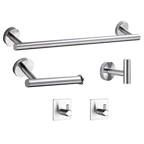 osea 5 Piece Bathroom Hardware Set, 16' Brushed Nickel 304 Stainless Steel Round Wall Mounted Accessories Kit, Include Bath Towel Bar, Toilet Paper Holder, Robe Hook and Adhesive Hooks