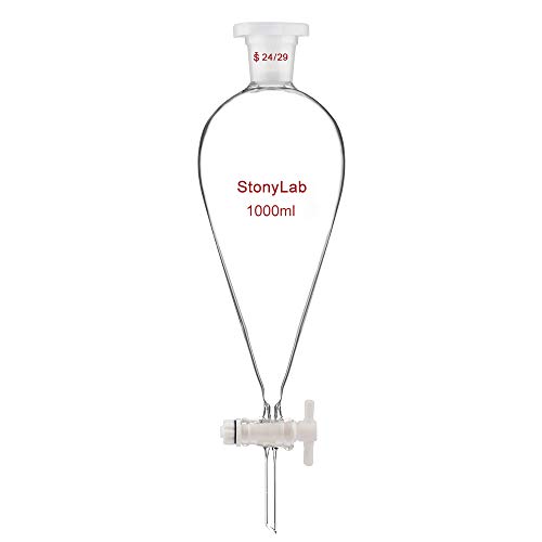 StonyLab Borosilicate Glass 1000ml Heavy Wall Conical Separatory Funnel with 24/29 Joints and PTFE Stopcock - 1000ml