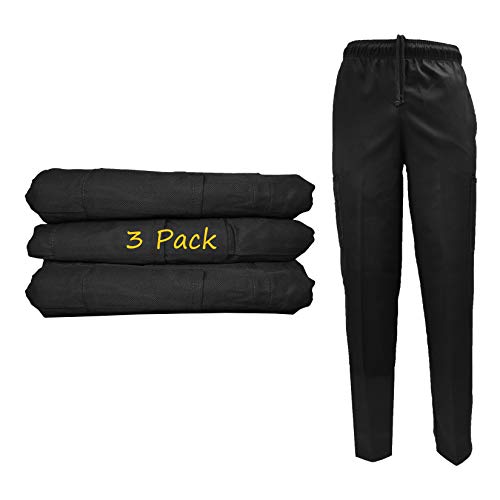 Natural Uniforms Classic 6 Pocket Black Chef Pants with Multi-Pack Quantities Available (3, Large)