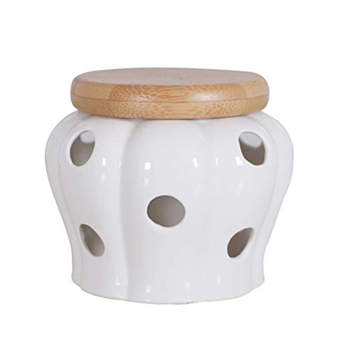 BESTONZON White Stoneware Garlic Keeper with Bamboo Lid Round Ceramics Garlic Jars Storage Container