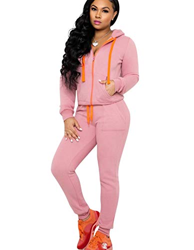 OLUOLIN Two Piece Outfits for Women Tracksuit - Zipper up Jackets Long Pants Bodycon Jogging Suit Sports Pink M