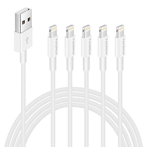 FEEL2NICE 5 Pack 10ft Charger Cord for Long 10 Foot iPhone Charging Cable/Data Sync Fast iPhone USB Charging Cable Cord Compatible with iPhone X Case/8/8 Plus/7/7 Plus/6/6s Plus/5s/5,iPad Case(White)